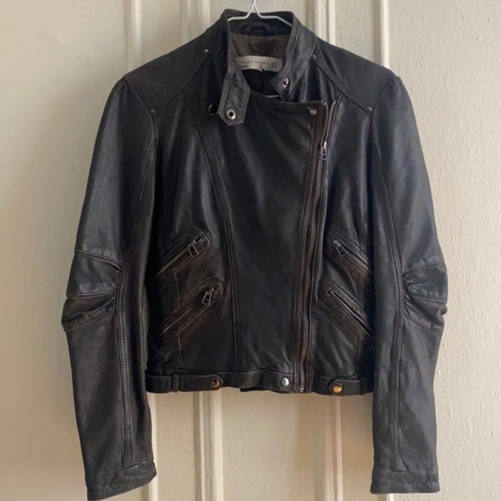 Zara vintage brown genuine leather moto jacket